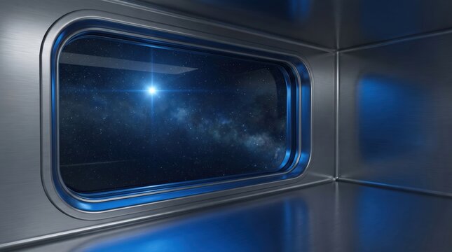 Minimalist Futuristic Spaceship Window View of Deep Space Galaxy with Bright Star. Copy space for text.