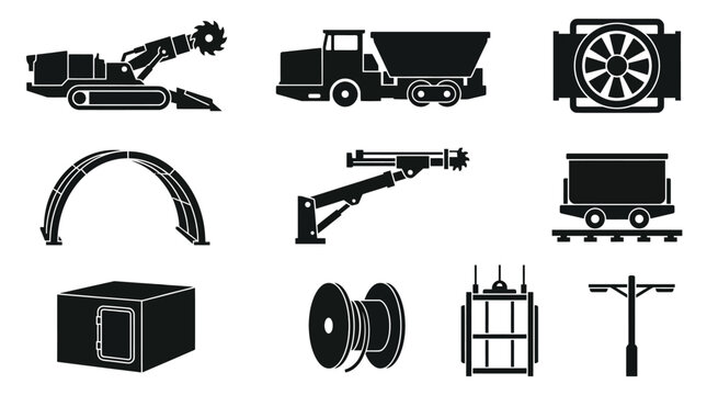 Flat silhouette icons of underground mining equipment and systems