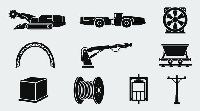 Flat silhouette icons of underground mining equipment and systems
