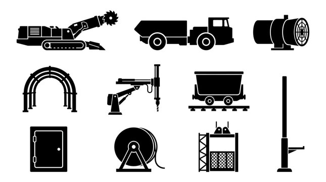 Flat silhouette icons of underground mining equipment and systems