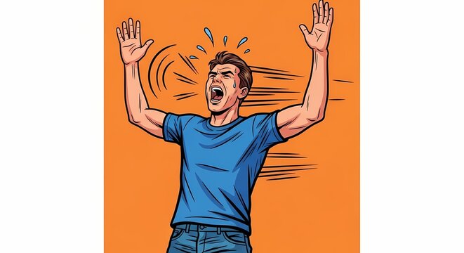 A man with raised arms and an open mouth. He appears to be shouting, with a tense expression on his face. This image captures a moment of frustration or protest