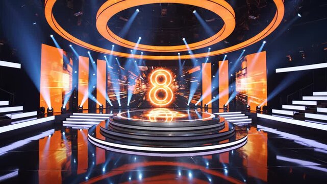Stage with number eight illuminated for creative digital media and visual arts