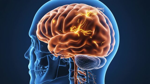 Human brain and skull anatomy representing modern medicine and scientific discovery