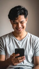 Fototapeta premium Smiling young person looking at phone, light gray shirt, neutral backdrop, natural light