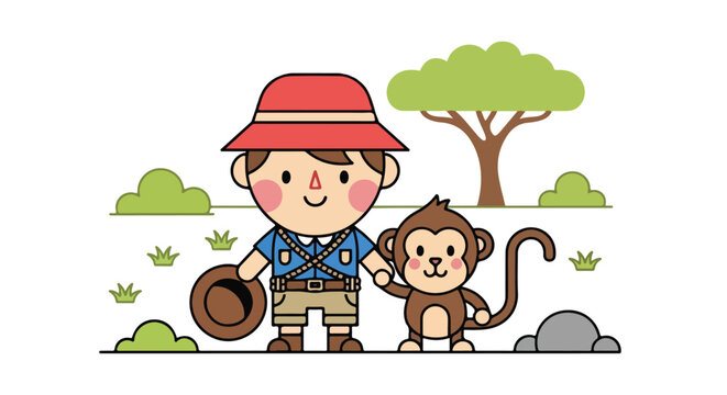 A young boy dressed as a safari explorer stands holding hands with a cute monkey in a grassy outdoor setting with trees and bushes.