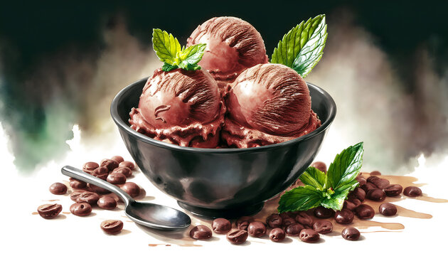 Three Scoops of Rich Chocolate Ice Cream with Mint and Coffee Beans