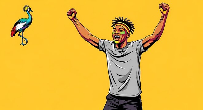 A man with his arms raised celebrating success with a bird beside him