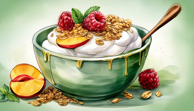 Watercolor yogurt bowl with granola and fresh fruit