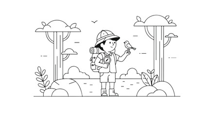 A young explorer wearing a pith hat and backpack stands in a forest, holding a small bird on his finger while carrying a compass. © Syifa