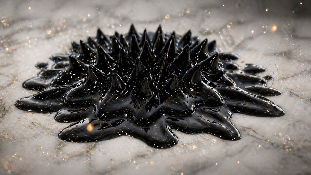 Abstract macro close-up of black magnetic ferrofluid spikes with glowing sparks
