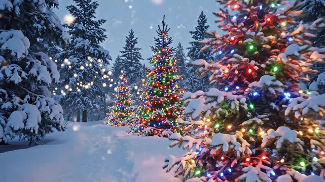 Snowy forest with decorated Christmas trees highlighting environmental conservation and serenity