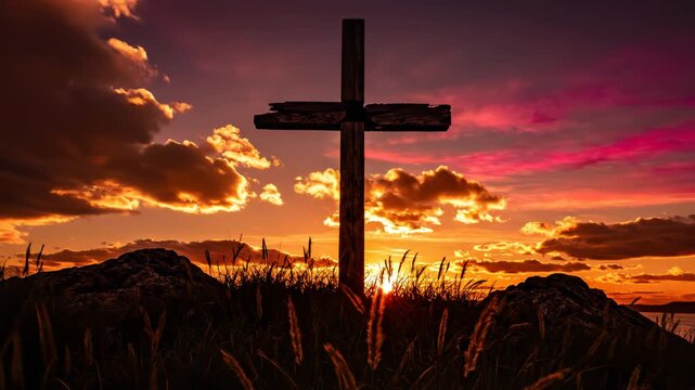 Wooden cross at sunset with grass and rocks emphasizing environmental sustainability and eco-tourism
