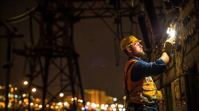 Electrician working on a power panel at night. Industrial worker in hard hat and safety vest at construction site. Infrastructure maintenance