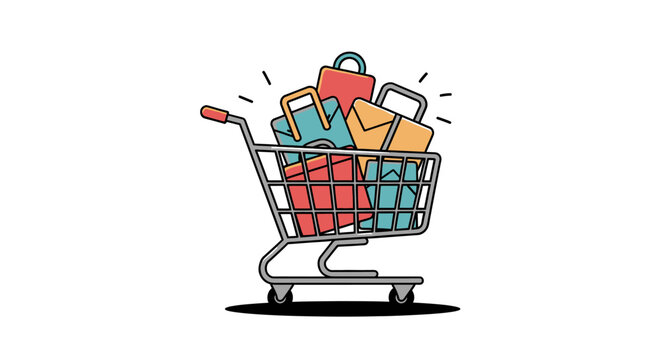 shopping cart full of shopping bags and gifts in a supermarket