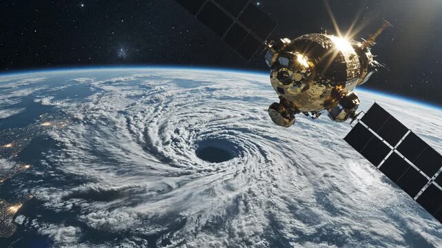 Satellite orbiting Earth with hurricane below ideal for travel vlogs and eco-friendly campaigns