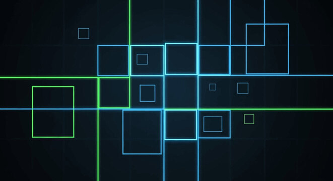 Abstract Digital Background with Glowing Neon Squares and Intersecting Lines