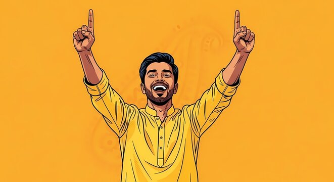 A cheerful man raising his arms in triumph, pointing upwards, and smiling with joy