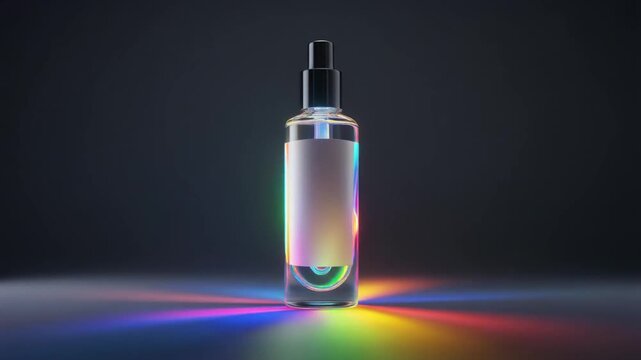 Elegant transparent mist spray bottle glowing with a spectrum of colorful light, creating a mesmerizing visual display on a reflective surface