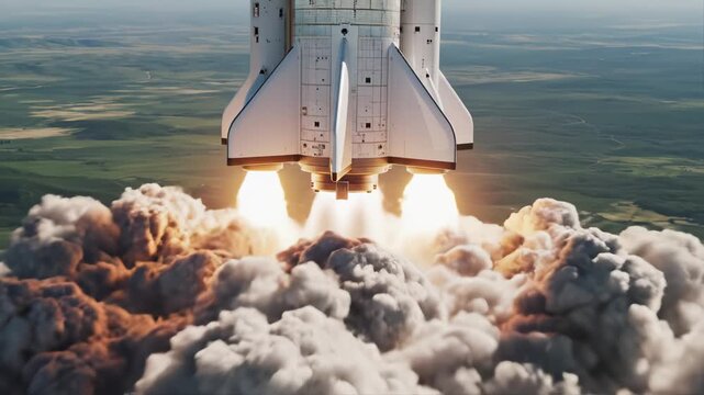 Space shuttle launch with fiery exhaust ideal for tech startups and software promos