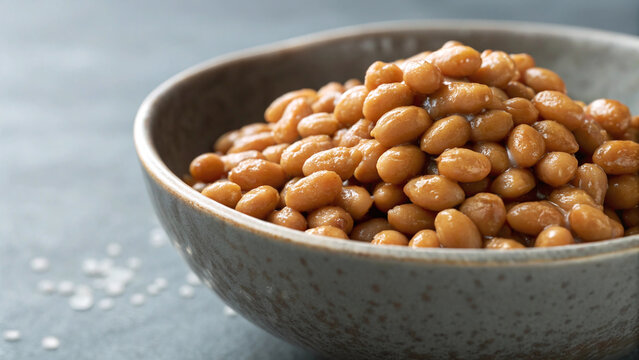 Photorealistic macro natto soybeans with sticky strands glossy texture and fine bubbles, minimal authentic composition