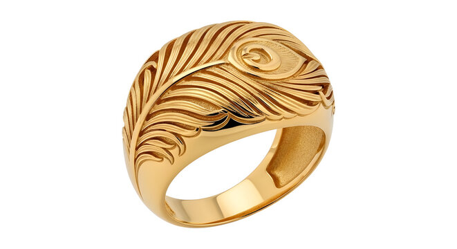 Elegant gold peacock feather ring, luxury 18k yellow gold jewelry with intricate plume engraving, ornate golden band for fashion and bridal accessory