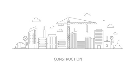 Fototapeta premium Minimalist City Construction Line Art: Urban Development, Crane, and Architecture Concept Illustration