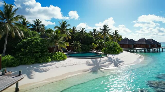 Tropical beach with overwater bungalows perfect for scenic backgrounds and natural storytelling