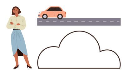 Business innovation, technology integration, transportation, urban planning, communication, cloud storage. A woman stands beside a cloud outline above her, a car on a road. Business and technology © robu_s