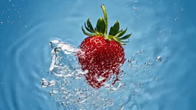 Red strawberry submerging into clear blue water with bubbles and splashes. Fresh fruit falling into liquid for refreshment concept.
