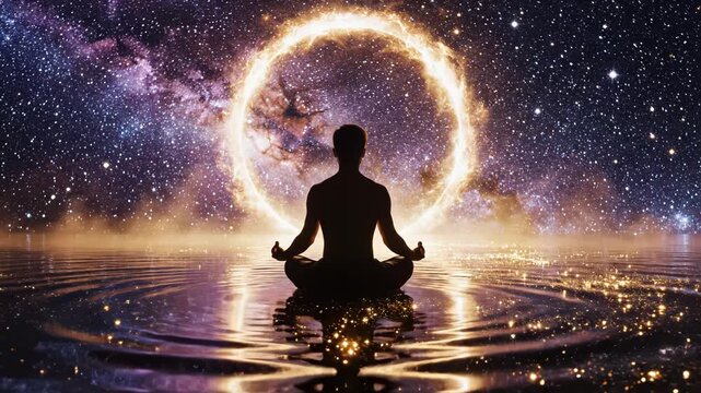 Person meditating in cosmic scene ideal for travel vlogs and eco-friendly campaigns