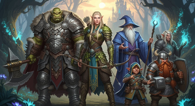 Fantasy characters in a magical forest.