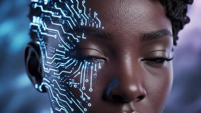 Human face with glowing circuit patterns symbolizing digital transformation and future innovation