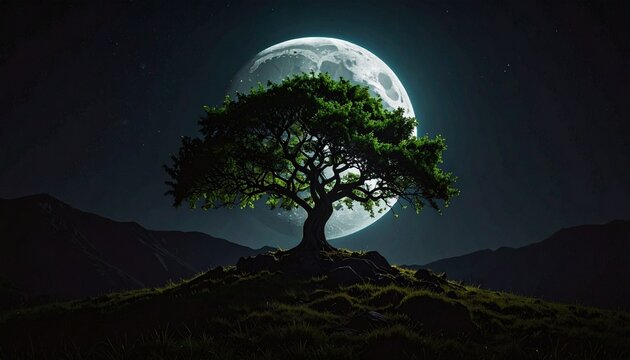 A solitary, lush green tree stands silhouetted against a large, radiant full moon in a clear night sky, with rolling hills in the background