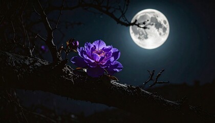 Fototapeta premium A solitary purple flower illuminated by the radiant full moon in a tranquil night sky