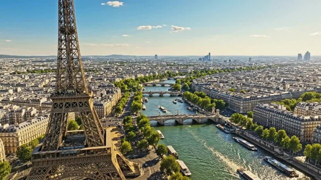 Aerial view of Eiffel Tower and Seine River in Paris France in May showcasing the city and landmarks from above