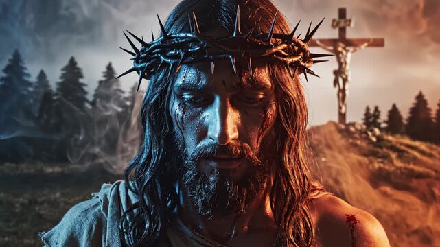 Man with crown of thorns and crucifixion scene ideal for travel vlogs and eco-friendly campaigns