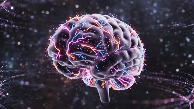 Human brain with colorful neural connections highlighting geometric patterns and contemporary art