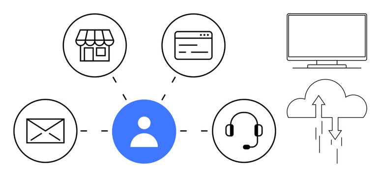 Digital connectivity. Digital connectivity highlighted with user-centered icons of e-commerce, communication, and cloud computing. Digital connectivity for technology, business, service, networking