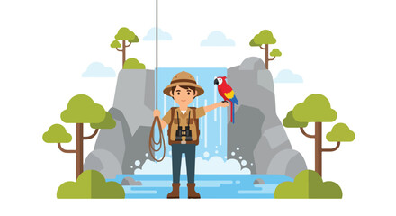 A brave young explorer in a pith helmet stands before a waterfall with a rope and a colorful parrot perched on his arm in a lush jungle setting. © Syifa
