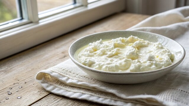 Photorealistic horizontal food scene stracciatella cheese in ceramic bowl creamy strands soft light calm refined dining mood