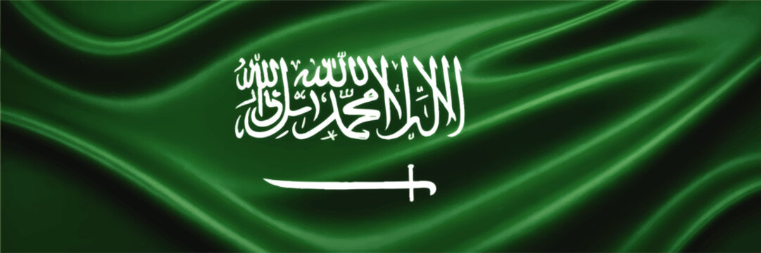 Saudi Arabia flag waving in green fabric with Arabic script and sword, national symbol background illustration for travel and culture