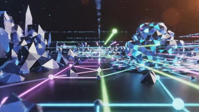 Exploring abstract futuristic communication in neon low poly landscape with dynamic features and vibrant connections