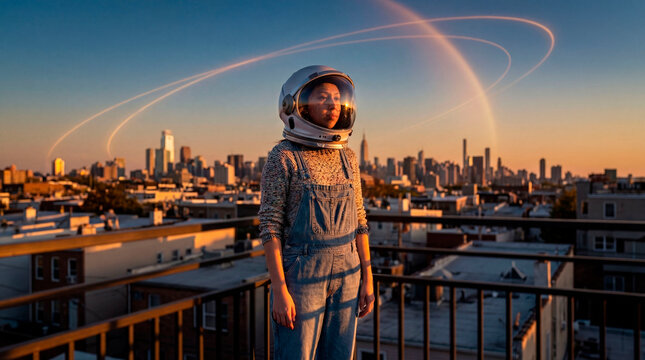 Contemplative woman wears astronaut helmet on rooftop above city skyline
