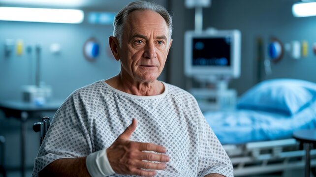 Senior man in hospital gown sitting in a hospital room with a blurred background