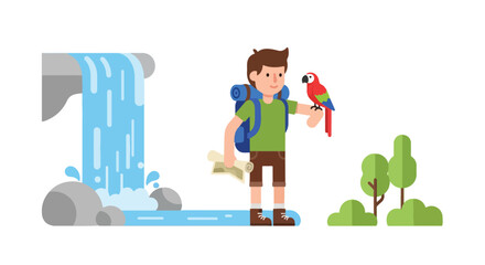 A male hiker with a backpack and map stands next to a waterfall, holding a colorful parrot on his arm while exploring the outdoors. © Syifa