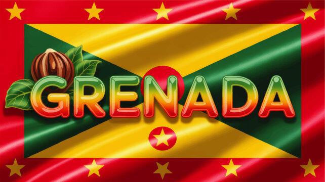 Grenada flag illustration with glossy text, nutmeg spice and tropical leaves, vibrant Caribbean travel and national pride design