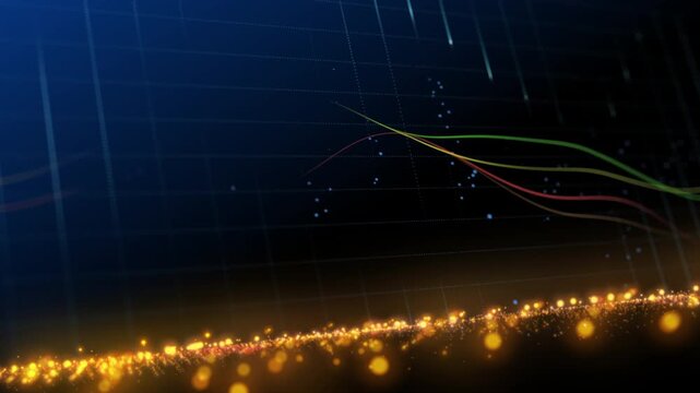 Abstract forex data visualization with glowing particles neon lines and financial chart wave.