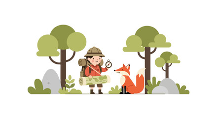 Obraz premium A cute young scout with a map and compass stands in a lush forest alongside a friendly orange fox in this charming flat vector illustration.