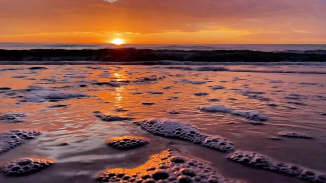 Sunset at the beach with waves and bubbling foam creating patterns on wet sand