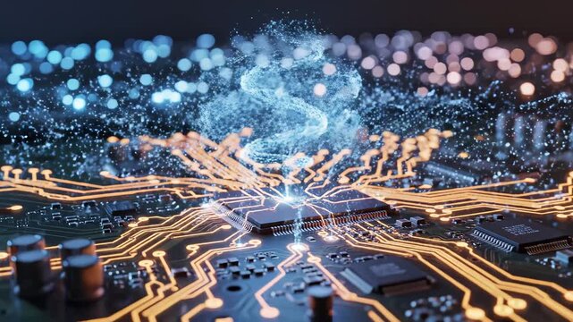 Circuit board with glowing digital vortex representing smart infrastructure and connectivity